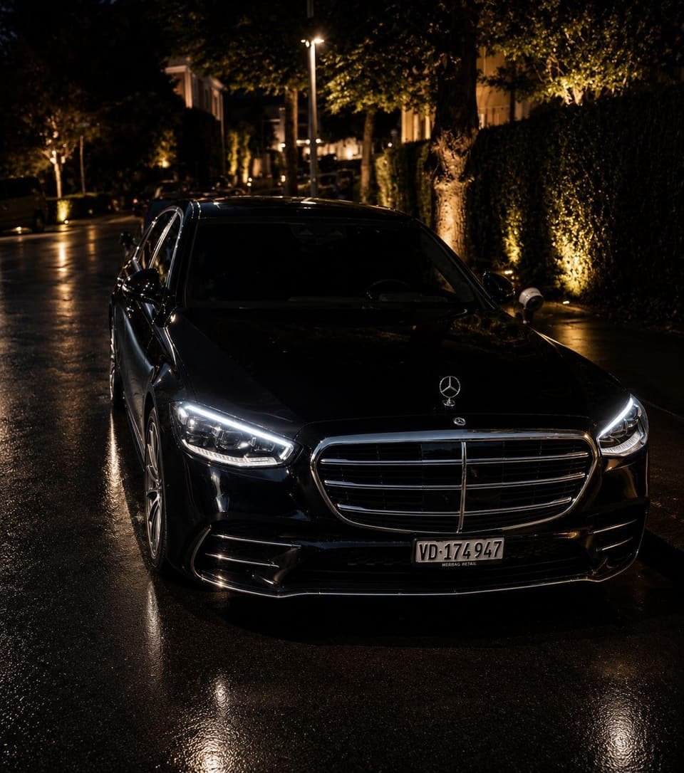 Calandre de la Mercedes Classe S noire, de face, de nuit